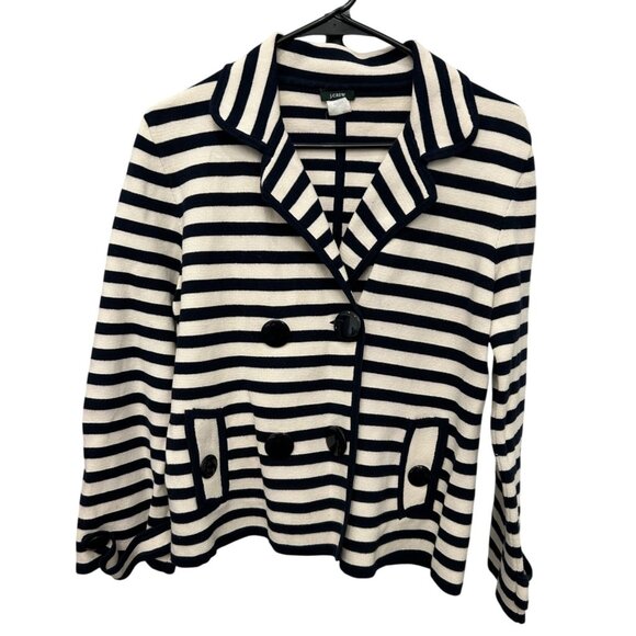 J.Crew Womens Striped Blazer Jacket Size L Navy White Wool Blend Double-Breasted - Picture 1 of 8
